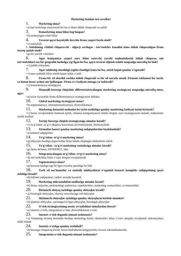 Marketing fanidan test savollari