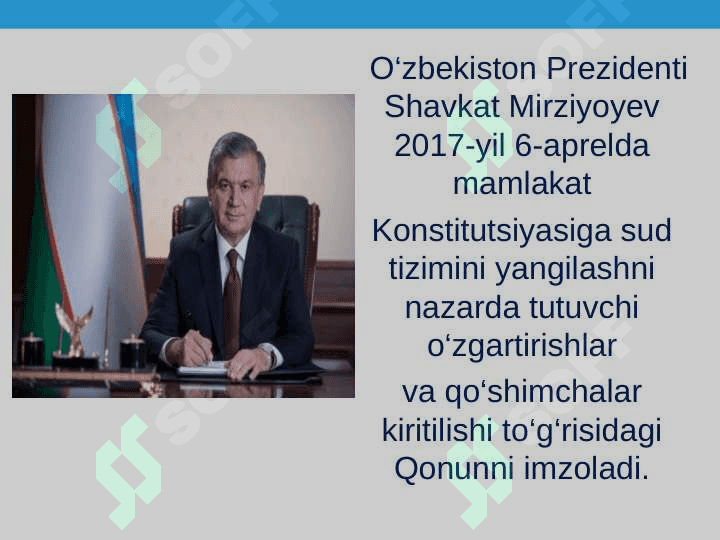 o’zbekiston respublikasi sud tizimining konstitutsaviy asoslari. yangilangan konstitutsiyada advokatura va prokuraturaning davlat organlari tizimida tutgan o’rni. 5
