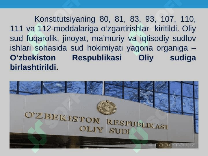 o’zbekiston respublikasi sud tizimining konstitutsaviy asoslari. yangilangan konstitutsiyada advokatura va prokuraturaning davlat organlari tizimida tutgan o’rni. 7
