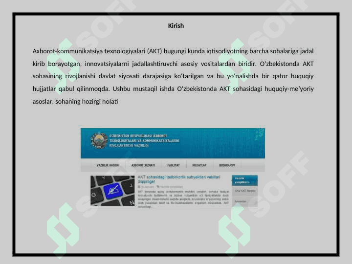 AKT sohasidagi huquqiy-meyoriy hujjatlar,O’zbekistonda AKT ning holati va rivojlanish istiqbolla 3