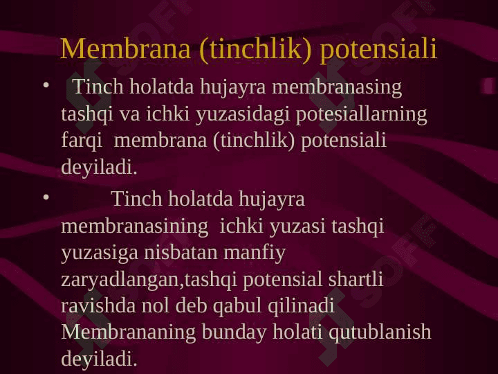Qo’zg’aluvchan to’qimalarda bioelektrik hodisalar. Ta`sirlash qonunlari. 6
