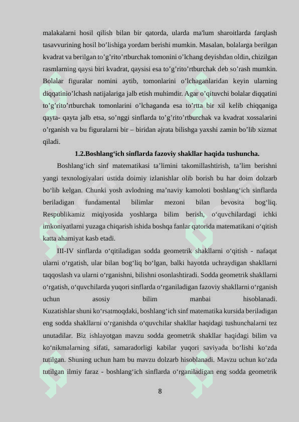 BOSHLANG‘ICH SINFLARDA FAZOVIY SHAKLLARNI  O‘RGATISH METODIKASI 7