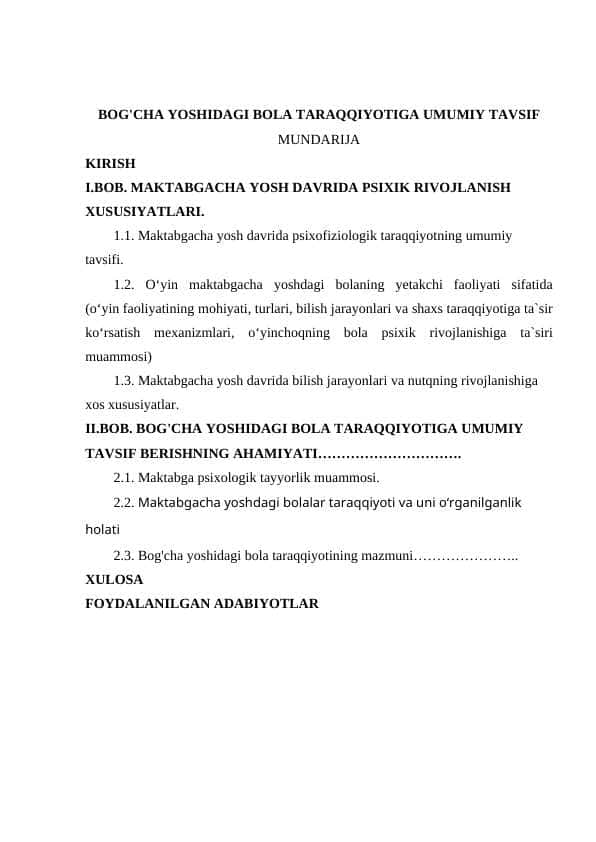 BOG'CHA YOSHIDAGI BOLA TARAQQIYOTIGA UMUMIY TAVSIF