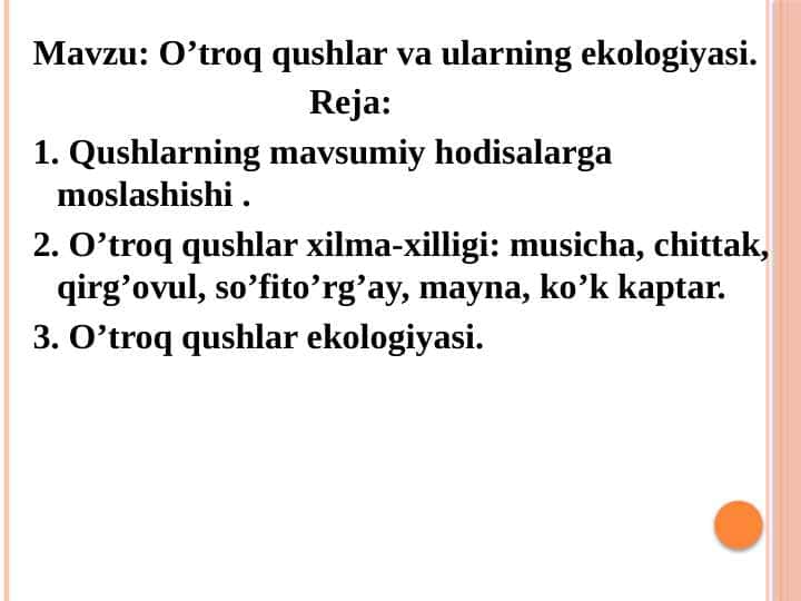 O’troq qushlar va ularning ekologiyasi 1
