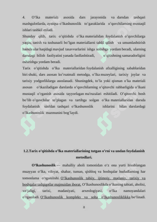 7-sinf tarix darslarini oʻqitishda oʻlkashunoslik materiallaridan foydalanish 8