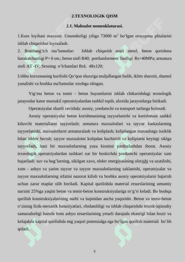 stend usulida sanoat binolari uchun orayopma plitalari ishlab chiqarish korxonasini loyihalash. 5