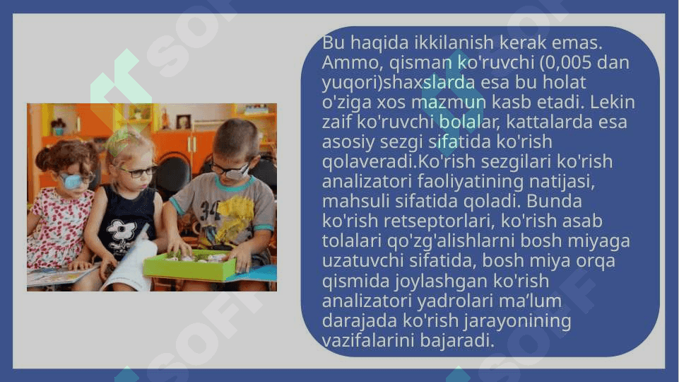 Ko'rish nuqsoniga ega bolalar sezgi va idrok diqqat va xotirasining o'ziga xosligi 6