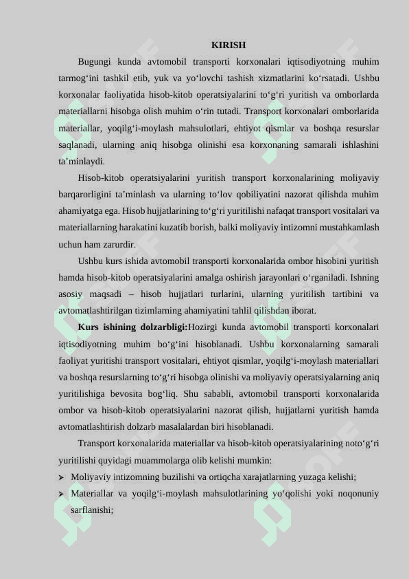 AVTOMOBIL TRANSPORTI KORXONALARI OMBORLARIDA MATERIALLARNI HISOBGA OLISH HUJJATLARI VA AVTOMOBIL TRANSPORTI KORXONALARIDA HISOB-KITOB OPERATSIYALARINI HISOBGA OLISH 2