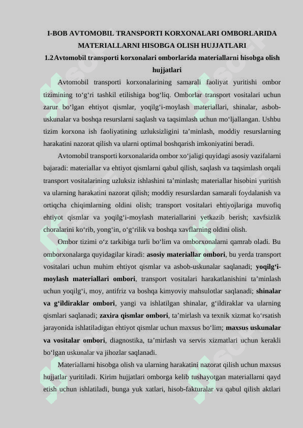 AVTOMOBIL TRANSPORTI KORXONALARI OMBORLARIDA MATERIALLARNI HISOBGA OLISH HUJJATLARI VA AVTOMOBIL TRANSPORTI KORXONALARIDA HISOB-KITOB OPERATSIYALARINI HISOBGA OLISH 4