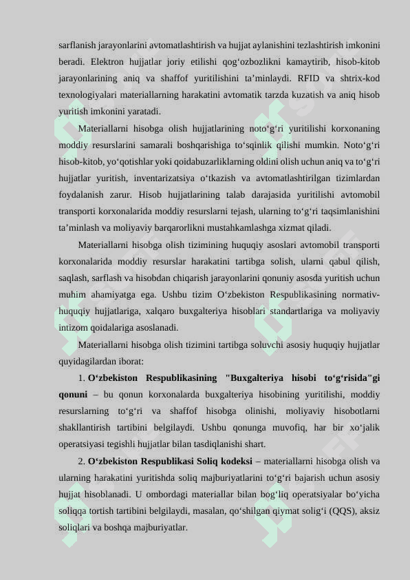 AVTOMOBIL TRANSPORTI KORXONALARI OMBORLARIDA MATERIALLARNI HISOBGA OLISH HUJJATLARI VA AVTOMOBIL TRANSPORTI KORXONALARIDA HISOB-KITOB OPERATSIYALARINI HISOBGA OLISH 7