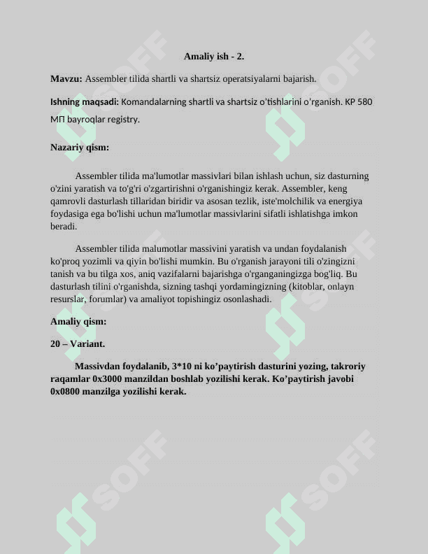 Assembler tilida shartli va shartsiz operatsiyalarni bajarish. 2