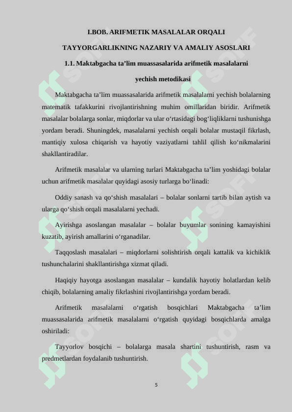 ARIFMETIK MASALALARNI YECHISH ASOSIDA BOLALARNI MAKTABGA TAYYORLASH 5