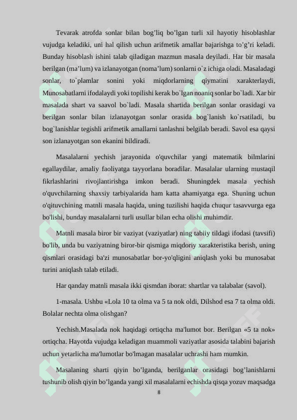 ARIFMETIK MASALALARNI YECHISH ASOSIDA BOLALARNI MAKTABGA TAYYORLASH 8
