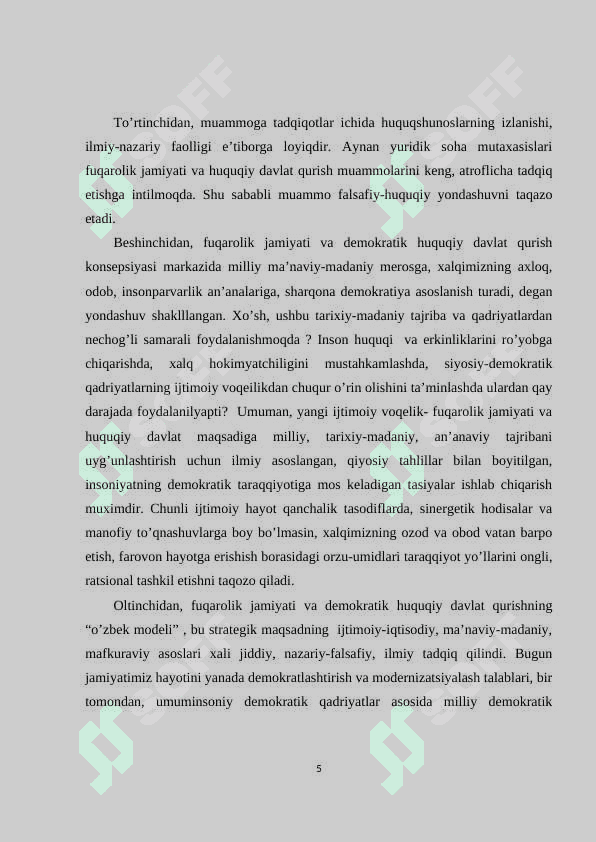 Jamiyatni demokratlashtirish va yangilash, mamlakatni modernizatsiya va isloh qilish sharoitida davlat boshqaruvini takomillashtirishning asosiy yo’llari 5
