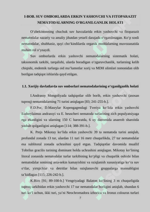 DEGREZ SUV OMBORIDA ERKIN  YASHOVCHI NEMATODALARNING FAUNASI VA EKOLOGIYASI 7