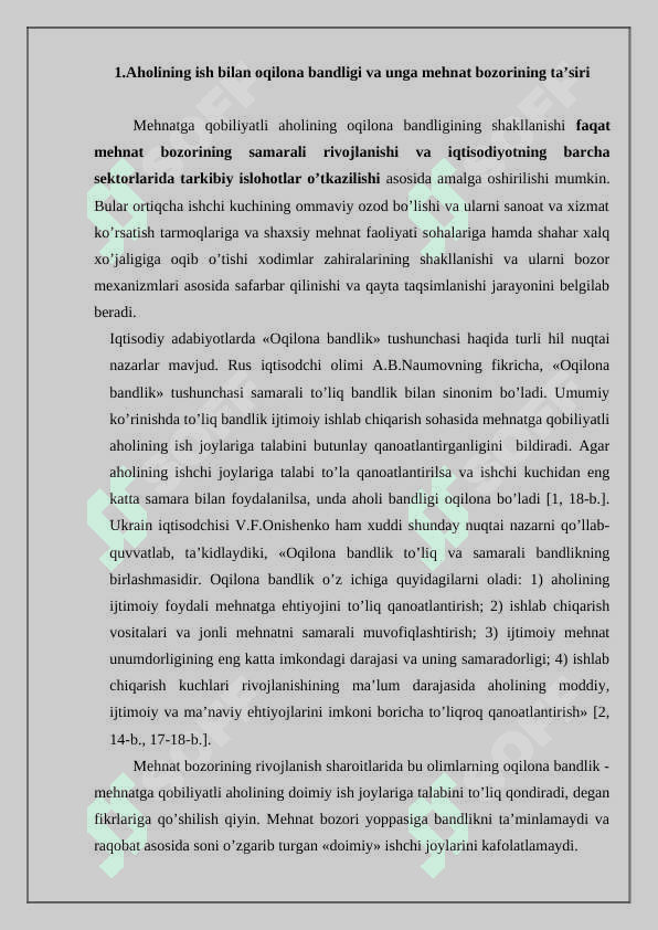 Aholining bandlik muammosini hal etishda tadbirkorlikni tutgan o’rni. 2