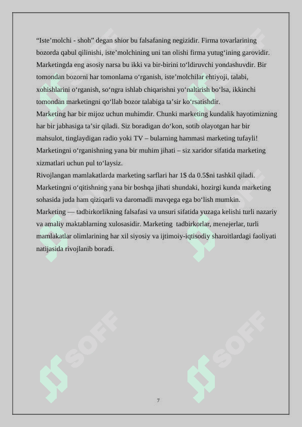 O'zbekistonda marketingni vujudga kelish va rivojlanishi tadbirkorlik faoliyatini alohida turi sifati 7