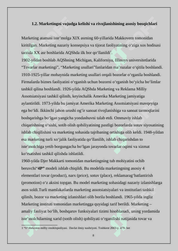 O'zbekistonda marketingni vujudga kelish va rivojlanishi tadbirkorlik faoliyatini alohida turi sifati 8