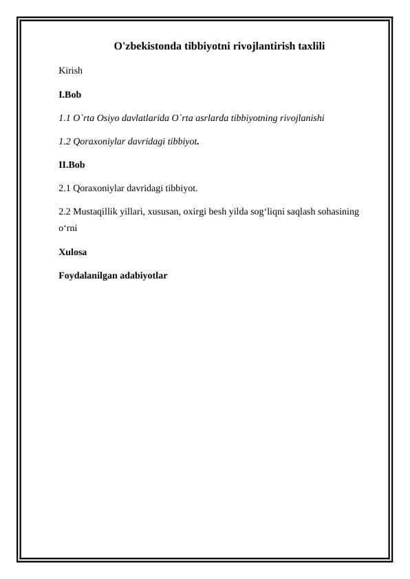 O'zbekistonda tibbiyotni rivojlantirish taxlili 1