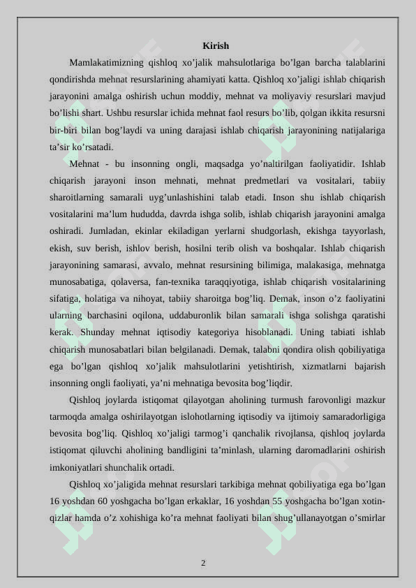 Qishloq xo‘jaligi korxonalarida mehnat resurslari va ulardan samarali foydalanish. 2