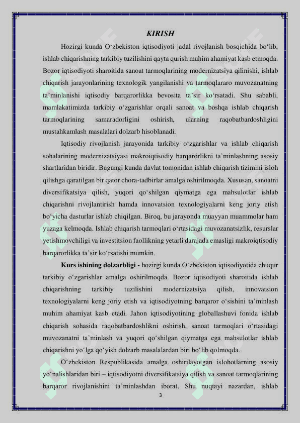 O’zbekistonda ishlab chiqarishning tarkibiy tuzilishini qayta qurish jarayonida makroiqtisodiy barqarorlikni ta’minlash muammolari 3