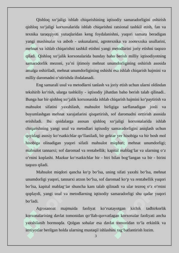 Qishloq xo’jaligi ishlab chiqarishini intestitsiyalar va ularning iqtisodiy  samaradorligi 3