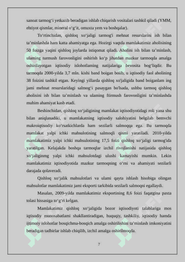 Qishloq xo’jaligi ishlab chiqarishini intestitsiyalar va ularning iqtisodiy  samaradorligi 7