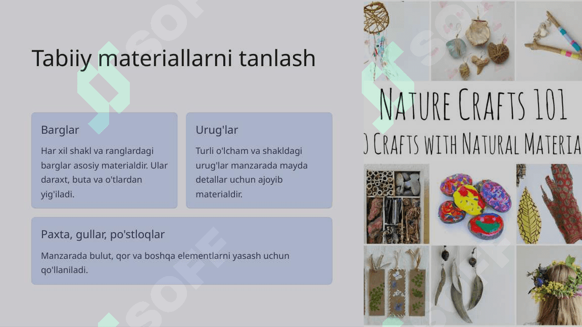 Barglar, urug'lar, paxta va boshqa tabiiy materiallardan manzara yasash 3