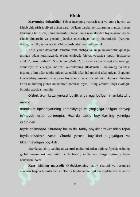 O‘zbekistonning tabiiy sharoiti va resurslarini iqtisodiy baholash 2