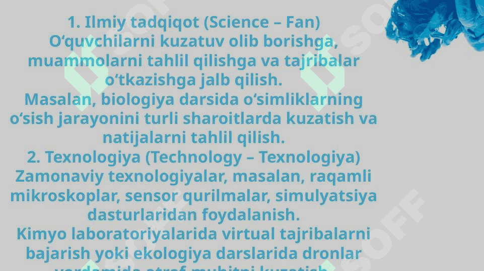 Tabiy fanlar darslarini tashkil etishda STEAM yondashuv haqidagi bilimlarni o'zlashtirish va tahlil qilish. 4