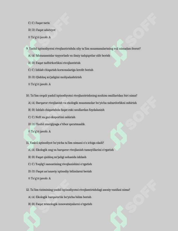 Oʻzbekistonda yashil iqtisodiyotni rivojlantirishda ta'lim tizimining roli
200 ta test savollari va javoblari bilan 3