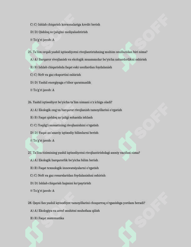 Oʻzbekistonda yashil iqtisodiyotni rivojlantirishda ta'lim tizimining roli
200 ta test savollari va javoblari bilan 7