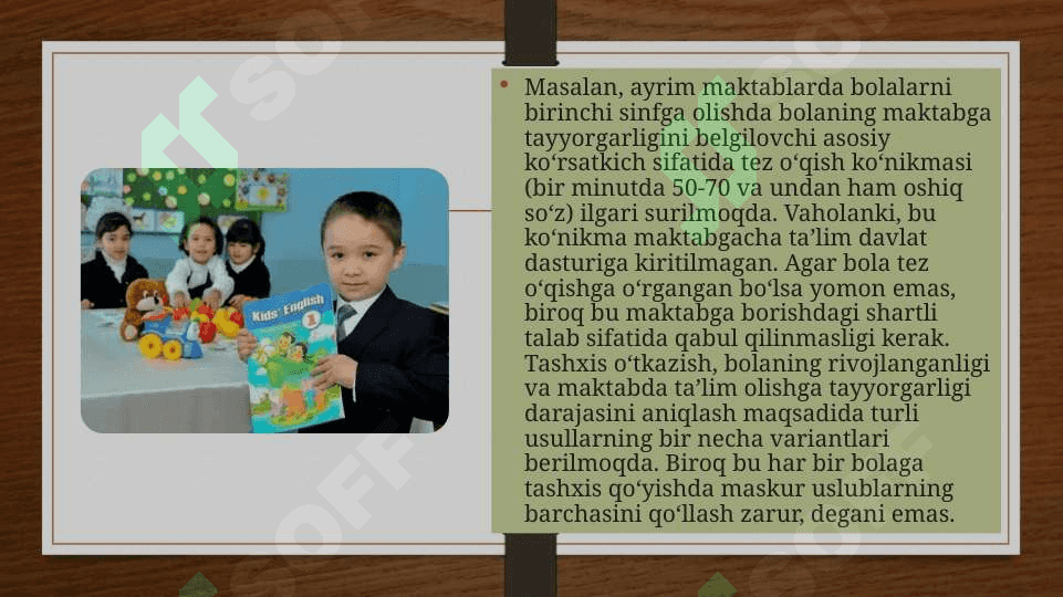 DMTT YOSHDAGI BOLALARNI TA’LIM OLISHGA TAYYORLIGINI TASHHISLASH USULLARI 8