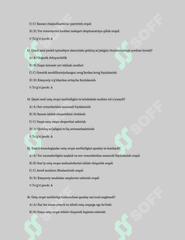 Yashil iqtisodiyotga o'tish sharoitida oziq-ovqat xavfsizligi masalalari
200 ta test savollari va javoblari bilan 4