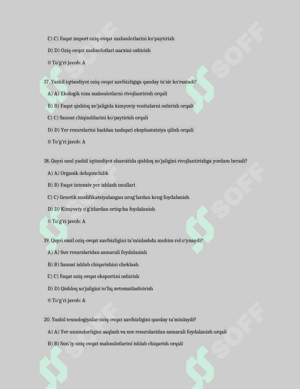 Yashil iqtisodiyotga o'tish sharoitida oziq-ovqat xavfsizligi masalalari
200 ta test savollari va javoblari bilan 5