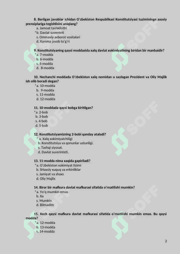 Yangi tahrirdagi O’zbekiston Respublikasi Konstitutsiyasi test 2