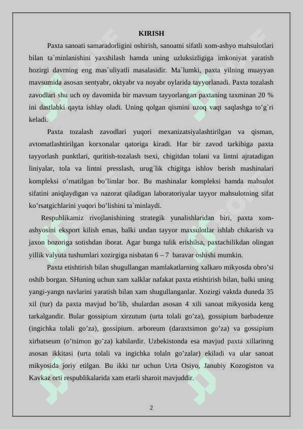 Uruģlik paxtani tozalash bòyicha bir batareyali valikli paxta tozalash zavodining tozalash samaradorligini hisoblash 2