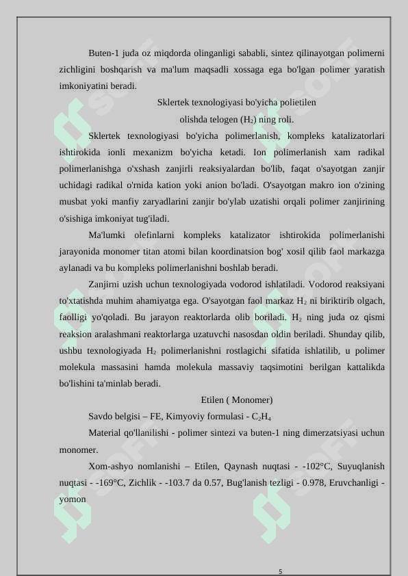 Склертек технологияси бўйича F-Y240 маркали полиэтилен ишлаб чиқаришдаги реакторлар бўлимини лойихаси (Q=130000 тй) 5