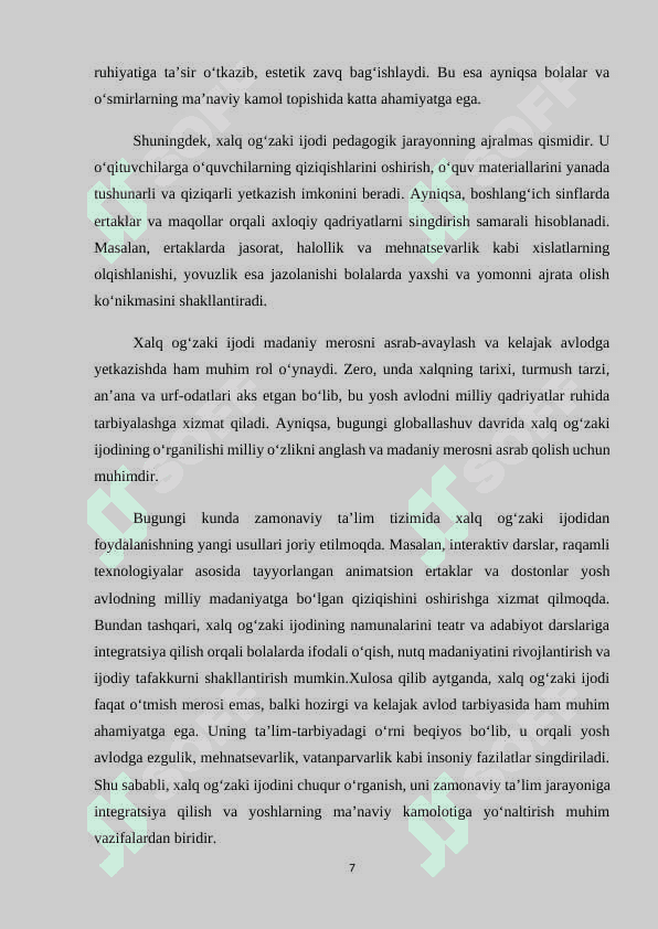 BOSHLANG‘ICH SINFLARDA TARBIYAVIY SOATLARNI XALQ OG‘ZAKI IJODI ASOSIDA TASHKIL ETISH METODIKASI (MAQOLLAR MISOLIDA) 7