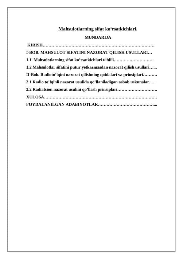 Mahsulotlarning sifat koʻrsatkichlari.
