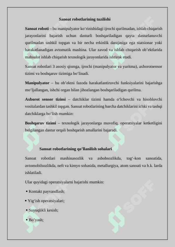 SANOAT ROBOTLARI VA ULARNING SINIFLANISHI 2
