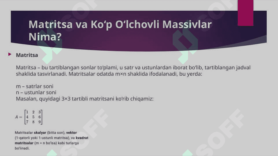 Matritsalar va ko’p o’lchovli massivlar bilan ishlash. 3