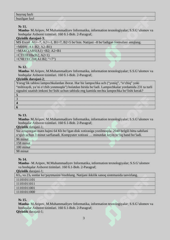 INFORMATIKA VA AXBOROT TEXNOLOGIYALARI FANIDAN TEST 3