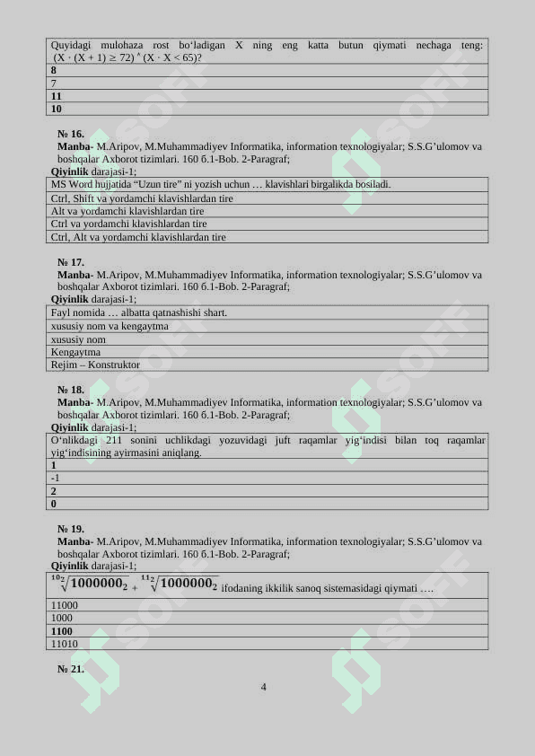 INFORMATIKA VA AXBOROT TEXNOLOGIYALARI FANIDAN TEST 4