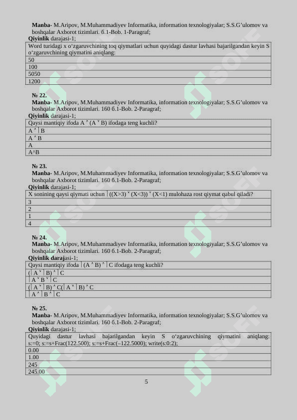 INFORMATIKA VA AXBOROT TEXNOLOGIYALARI FANIDAN TEST 5