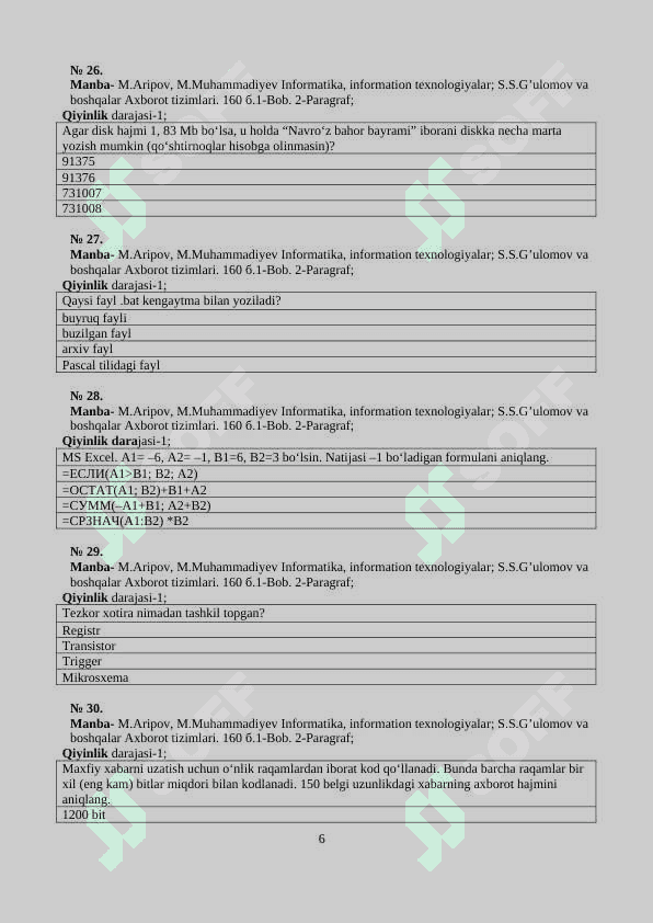 INFORMATIKA VA AXBOROT TEXNOLOGIYALARI FANIDAN TEST 6