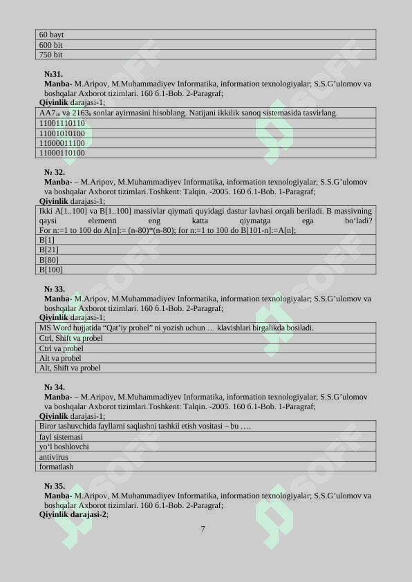 INFORMATIKA VA AXBOROT TEXNOLOGIYALARI FANIDAN TEST 7
