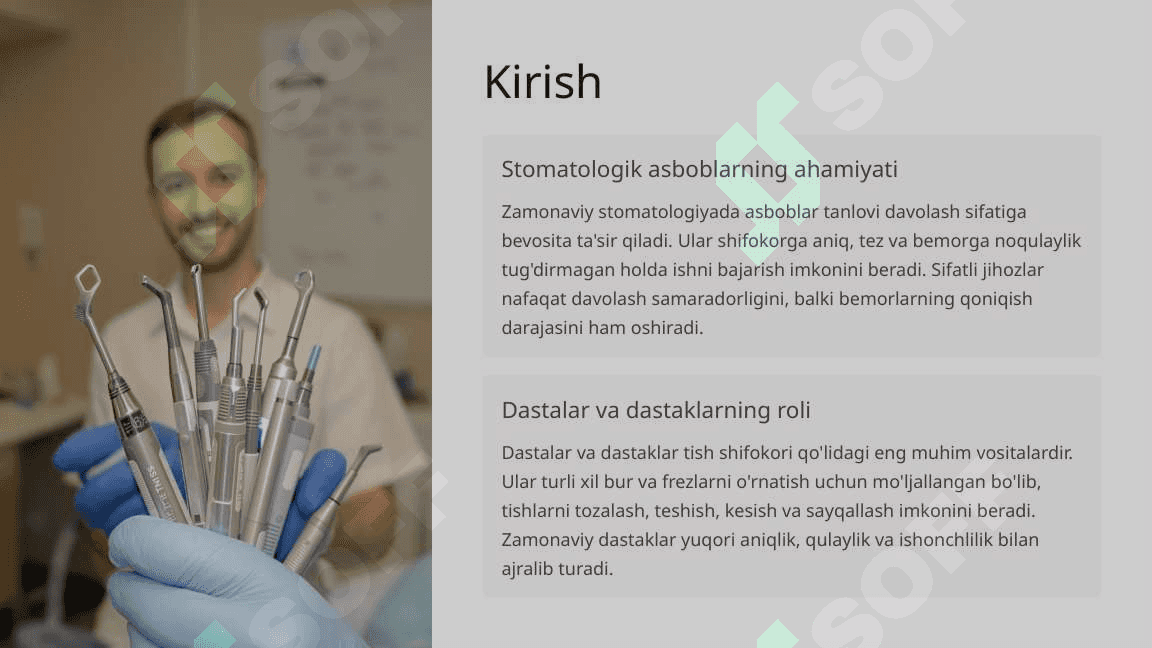 Stomatologiyada qo‘llaniladigan dastalar va dastaklar turlari. Ularni o‘rnatish qoidalari. 2
