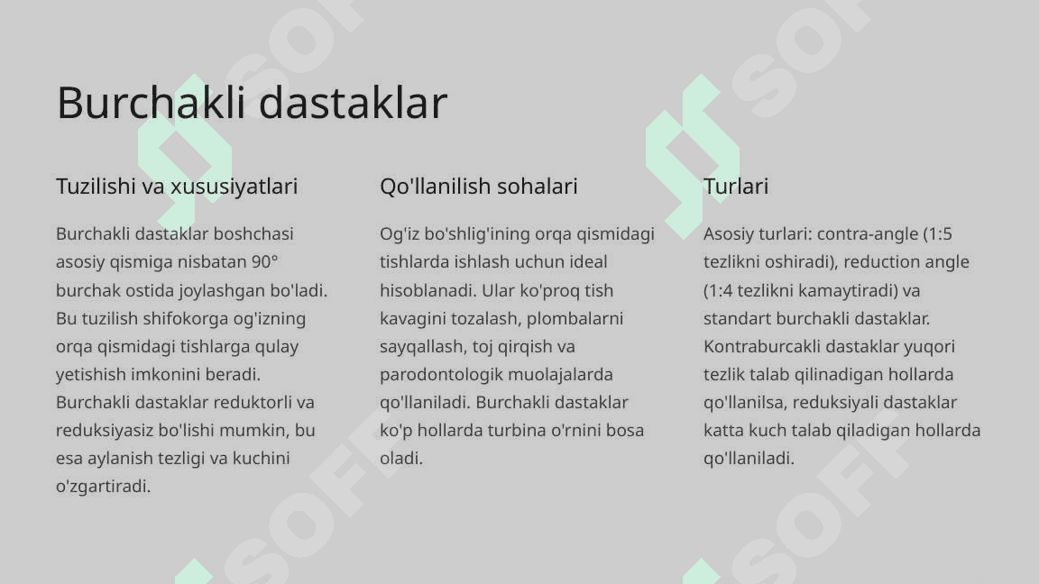 Stomatologiyada qo‘llaniladigan dastalar va dastaklar turlari. Ularni o‘rnatish qoidalari. 7