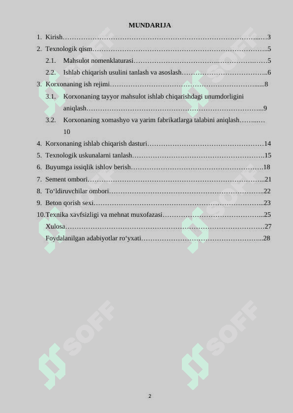 devor panellari ishlab chiqarish korxonasini loyihalash. 2